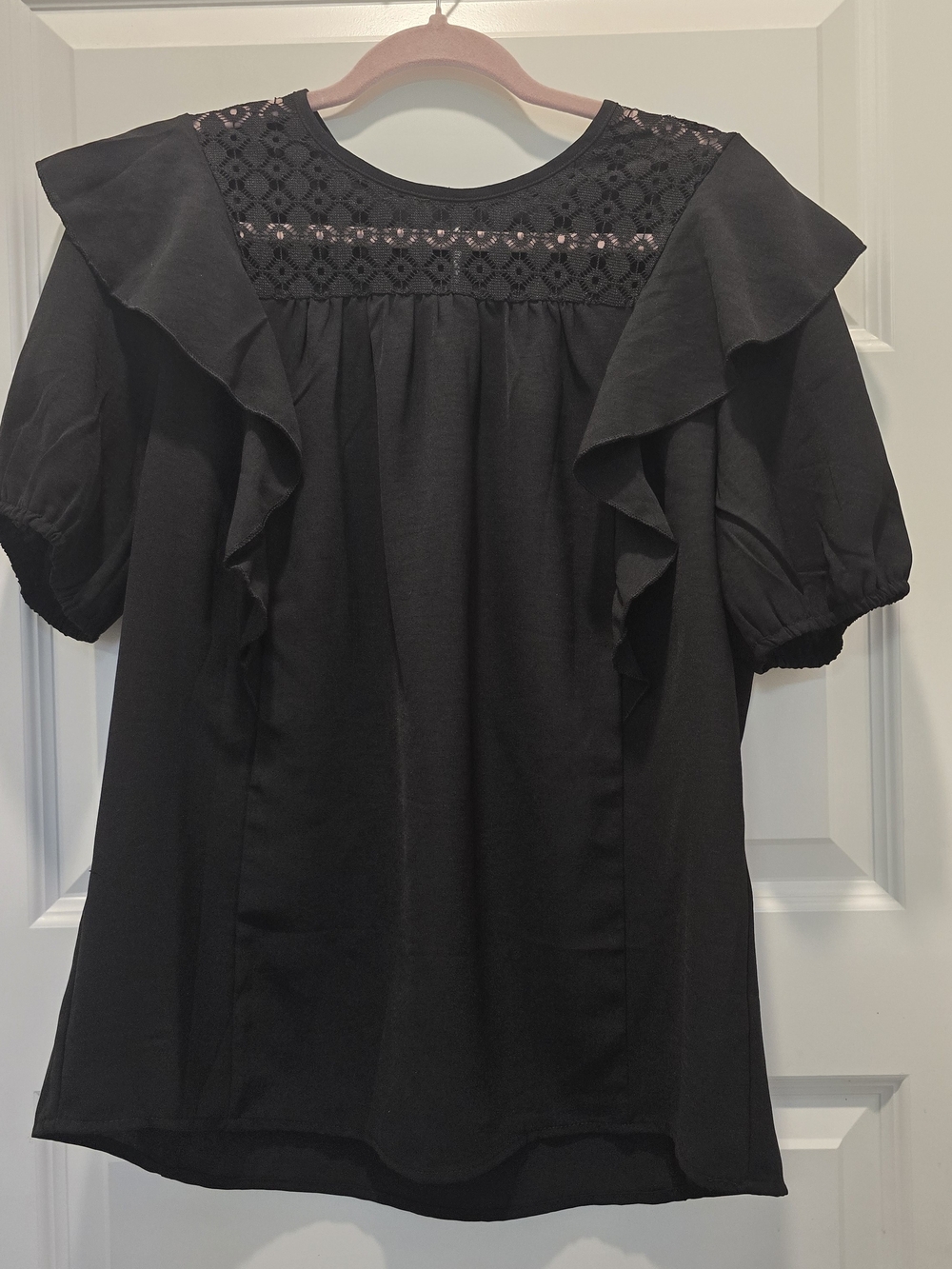 Women’s Black Ruffle Sleeve Top with Lace Yoke